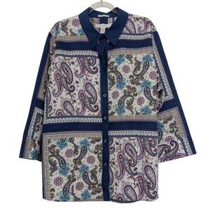 Chicos 3 Paisley No Iron Shirt Womens Size XL Blue Floral Window Pane Button Up